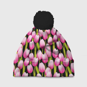Шапка 3D c помпоном с принтом Цветы Розовые Тюльпаны в Тюмени, 100% полиэстер | универсальный размер, печать по всей поверхности изделия | flowers | summer | букет | лето | природа | растение | розовый | тюльпаны | флора | цветы