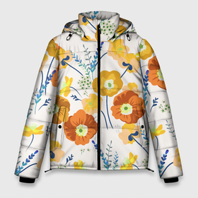 Мужская зимняя куртка 3D с принтом Цветы Жёлтые Нарисованные , верх — 100% полиэстер; подкладка — 100% полиэстер; утеплитель — 100% полиэстер | длина ниже бедра, свободный силуэт Оверсайз. Есть воротник-стойка, отстегивающийся капюшон и ветрозащитная планка. 

Боковые карманы с листочкой на кнопках и внутренний карман на молнии. | flowers | summer | букет | жёлтый | лето | нарисованные | природа | растение | флора | цветы