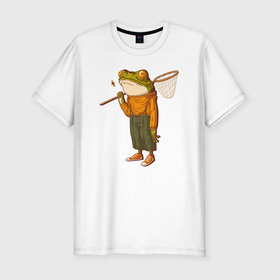 Мужская футболка хлопок Slim с принтом Летняя лягуха с сачком , 92% хлопок, 8% лайкра | приталенный силуэт, круглый вырез ворота, длина до линии бедра, короткий рукав | жаба | летняя | лето | лягуха | лягушка