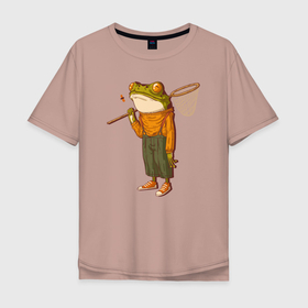 Мужская футболка хлопок Oversize с принтом Летняя лягуха с сачком в Петрозаводске, 100% хлопок | свободный крой, круглый ворот, “спинка” длиннее передней части | Тематика изображения на принте: жаба | летняя | лето | лягуха | лягушка