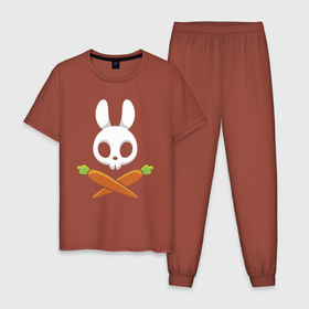 Мужская пижама хлопок с принтом Череп кролика с двумя морковками в Кировске, 100% хлопок | брюки и футболка прямого кроя, без карманов, на брюках мягкая резинка на поясе и по низу штанин
 | carrot | ears | hare | rabbit | skull | заяц | кролик | морковь | уши | череп