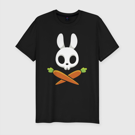 Мужская футболка хлопок Slim с принтом Череп кролика с двумя морковками в Екатеринбурге, 92% хлопок, 8% лайкра | приталенный силуэт, круглый вырез ворота, длина до линии бедра, короткий рукав | Тематика изображения на принте: carrot | ears | hare | rabbit | skull | заяц | кролик | морковь | уши | череп