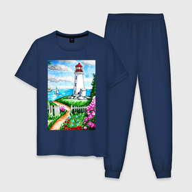 Мужская пижама хлопок с принтом Маяк на берегу в Курске, 100% хлопок | брюки и футболка прямого кроя, без карманов, на брюках мягкая резинка на поясе и по низу штанин
 | fence | flowers | greenery | hand drawn | isle | landscape | lighthouse | ocean | path | sail | sea | seascape | waves | волны | дорога | дорожка | забор | зелень | корабль | лето | маркеры | маяк | море | нарисовано вручную | небо | облака | океа
