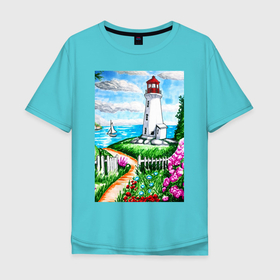 Мужская футболка хлопок Oversize с принтом Маяк на берегу в Новосибирске, 100% хлопок | свободный крой, круглый ворот, “спинка” длиннее передней части | Тематика изображения на принте: fence | flowers | greenery | hand drawn | isle | landscape | lighthouse | ocean | path | sail | sea | seascape | waves | волны | дорога | дорожка | забор | зелень | корабль | лето | маркеры | маяк | море | нарисовано вручную | небо | облака | океа