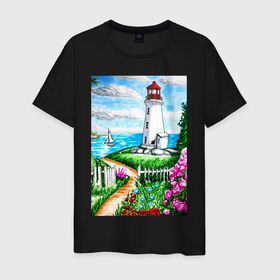 Мужская футболка хлопок с принтом Маяк на берегу в Белгороде, 100% хлопок | прямой крой, круглый вырез горловины, длина до линии бедер, слегка спущенное плечо. | fence | flowers | greenery | hand drawn | isle | landscape | lighthouse | ocean | path | sail | sea | seascape | waves | волны | дорога | дорожка | забор | зелень | корабль | лето | маркеры | маяк | море | нарисовано вручную | небо | облака | океа
