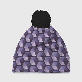 Шапка 3D c помпоном с принтом Фиолетовые шестиугольники в Тюмени, 100% полиэстер | универсальный размер, печать по всей поверхности изделия | абстрактный | геометрический | многоугольники | монохромный | паттерн | треугольники | узор | фиолетовый