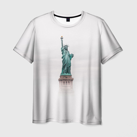 Мужская футболка 3D с принтом Статуя свободы в облаках в Екатеринбурге, 100% полиэфир | прямой крой, круглый вырез горловины, длина до линии бедер | америка | небо | облака | свобода | свободы | статуя | сша