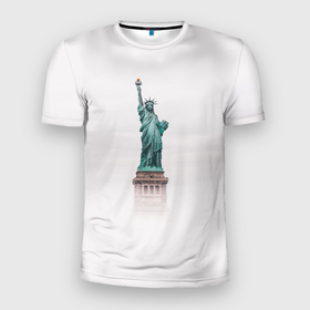 Мужская футболка 3D Slim с принтом Статуя свободы в облаках в Петрозаводске, 100% полиэстер с улучшенными характеристиками | приталенный силуэт, круглая горловина, широкие плечи, сужается к линии бедра | америка | небо | облака | свобода | свободы | статуя | сша