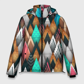 Мужская зимняя куртка 3D с принтом Абстрактный цветной лес в Новосибирске, верх — 100% полиэстер; подкладка — 100% полиэстер; утеплитель — 100% полиэстер | длина ниже бедра, свободный силуэт Оверсайз. Есть воротник-стойка, отстегивающийся капюшон и ветрозащитная планка. 

Боковые карманы с листочкой на кнопках и внутренний карман на молнии. | Тематика изображения на принте: colours | forest | абстракция | лес | цвета
