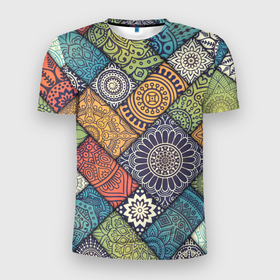 Мужская футболка 3D Slim с принтом Мандала (орнамент) в Петрозаводске, 100% полиэстер с улучшенными характеристиками | приталенный силуэт, круглая горловина, широкие плечи, сужается к линии бедра | мозайка | орнамент | разноцветная | узоры
