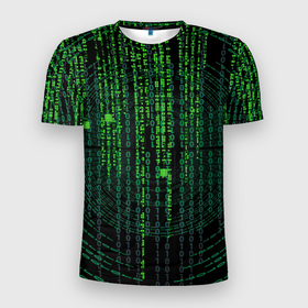Мужская футболка 3D Slim с принтом Бинарная матрица в Петрозаводске, 100% полиэстер с улучшенными характеристиками | приталенный силуэт, круглая горловина, широкие плечи, сужается к линии бедра | бинарная | бинарный | код | матрица | шматрица