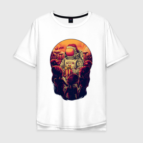 Мужская футболка хлопок Oversize с принтом Космонавт дарит подарки инопланетянам в Тюмени, 100% хлопок | свободный крой, круглый ворот, “спинка” длиннее передней части | Тематика изображения на принте: nasa | космонавт | космос | наса | нло | подарки