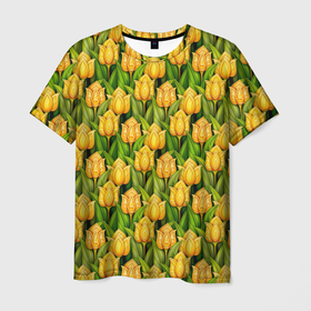 Мужская футболка 3D с принтом Желтые тюльпаны  паттерн в Петрозаводске, 100% полиэфир | прямой крой, круглый вырез горловины, длина до линии бедер | Тематика изображения на принте: abstract | бутоны | линии | паттерн | текстура | узор | узоры | цветы