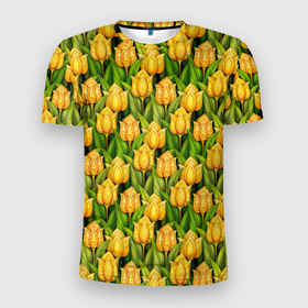 Мужская футболка 3D Slim с принтом Желтые тюльпаны  паттерн в Петрозаводске, 100% полиэстер с улучшенными характеристиками | приталенный силуэт, круглая горловина, широкие плечи, сужается к линии бедра | abstract | бутоны | линии | паттерн | текстура | узор | узоры | цветы