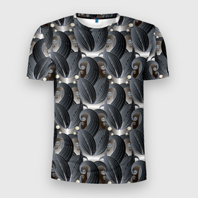 Мужская футболка 3D Slim с принтом Стильные черные листья в Новосибирске, 100% полиэстер с улучшенными характеристиками | приталенный силуэт, круглая горловина, широкие плечи, сужается к линии бедра | abstract | бутоны | линии | паттерн | текстура | узор | узоры | цветы