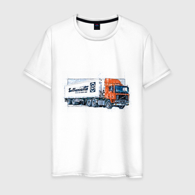 Мужская футболка хлопок с принтом СОВТРАНСАВТО   Volvo F12 в Тюмени, 100% хлопок | прямой крой, круглый вырез горловины, длина до линии бедер, слегка спущенное плечо. | volvo | автомобиль | грузовой | международный | перевозки