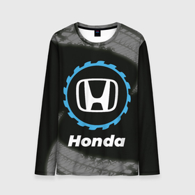 Мужской лонгслив 3D с принтом Honda в стиле Top Gear со следами шин на фоне в Курске, 100% полиэстер | длинные рукава, круглый вырез горловины, полуприлегающий силуэт | auto | brand | gear | honda | logo | symbol | top | авто | бренд | гир | лого | символ | следы | топ | хонда | шин | шины