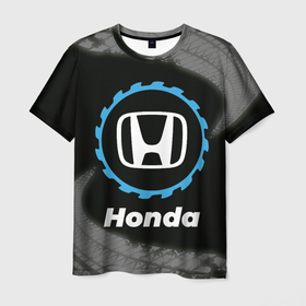 Мужская футболка 3D с принтом Honda в стиле Top Gear со следами шин на фоне в Курске, 100% полиэфир | прямой крой, круглый вырез горловины, длина до линии бедер | auto | brand | gear | honda | logo | symbol | top | авто | бренд | гир | лого | символ | следы | топ | хонда | шин | шины