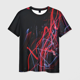 Мужская футболка 3D с принтом Неоновые лучи в абстракции   Красный и синий в Кировске, 100% полиэфир | прямой крой, круглый вырез горловины, длина до линии бедер | абстракция | линии | лучи | неон | сюрреализм
