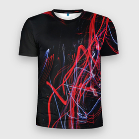 Мужская футболка 3D Slim с принтом Неоновые лучи в абстракции   Красный и синий в Кировске, 100% полиэстер с улучшенными характеристиками | приталенный силуэт, круглая горловина, широкие плечи, сужается к линии бедра | абстракция | линии | лучи | неон | сюрреализм