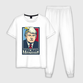 Мужская пижама хлопок с принтом Дональд Трамп   We Shall Overcomb в Екатеринбурге, 100% хлопок | брюки и футболка прямого кроя, без карманов, на брюках мягкая резинка на поясе и по низу штанин
 | america | donald trump | usa | америка | дональд | дональд трамп | сша | трамп