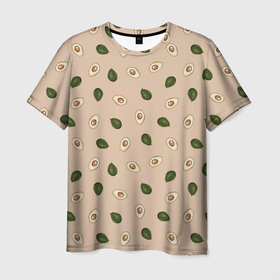 Мужская футболка 3D с принтом Авокадо на бежевом паттерн , 100% полиэфир | прямой крой, круглый вырез горловины, длина до линии бедер | авокадо | бежевый | веганы | вегетарианцы | еда | зож | овощи | паттерн | пп | правильное питание