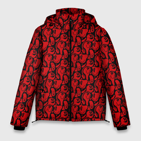 Мужская зимняя куртка 3D с принтом Красные психоделический смайлы в Новосибирске, верх — 100% полиэстер; подкладка — 100% полиэстер; утеплитель — 100% полиэстер | длина ниже бедра, свободный силуэт Оверсайз. Есть воротник-стойка, отстегивающийся капюшон и ветрозащитная планка. 

Боковые карманы с листочкой на кнопках и внутренний карман на молнии. | Тематика изображения на принте: паттерн | психоделика | растекание | смайл | смайлики | эмодзи