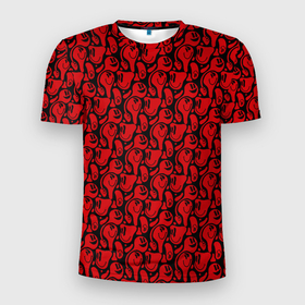 Мужская футболка 3D Slim с принтом Красные психоделический смайлы в Курске, 100% полиэстер с улучшенными характеристиками | приталенный силуэт, круглая горловина, широкие плечи, сужается к линии бедра | Тематика изображения на принте: паттерн | психоделика | растекание | смайл | смайлики | эмодзи