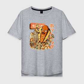 Мужская футболка хлопок Oversize с принтом Хотдожный монстр в Санкт-Петербурге, 100% хлопок | свободный крой, круглый ворот, “спинка” длиннее передней части | hot dog | hotdog | japan | japan style | japanese | japanese style | monster | еда | монстр | тренд | тренды | хот дог | хотдог | япония | японский стиль