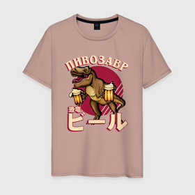 Мужская футболка хлопок с принтом Японский пивозавр в Новосибирске, 100% хлопок | прямой крой, круглый вырез горловины, длина до линии бедер, слегка спущенное плечо. | japan | japan style | japanese | japanese style | monster | дино | динозавр | монстр | тренд | тренды | япония | японский стиль