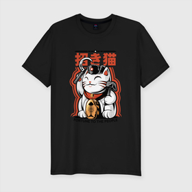 Мужская футболка хлопок Slim с принтом Maneki neko Japanese в Курске, 92% хлопок, 8% лайкра | приталенный силуэт, круглый вырез ворота, длина до линии бедра, короткий рукав | japan | japan style | japanese | japanese style | monster | кот | котик | манэки нэко | монстр | нэко | тренд | тренды | япония | японский стиль