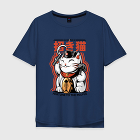 Мужская футболка хлопок Oversize с принтом Maneki neko Japanese в Новосибирске, 100% хлопок | свободный крой, круглый ворот, “спинка” длиннее передней части | Тематика изображения на принте: japan | japan style | japanese | japanese style | monster | кот | котик | манэки нэко | монстр | нэко | тренд | тренды | япония | японский стиль