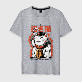 Мужская футболка хлопок с принтом Maneki neko Japanese в Петрозаводске, 100% хлопок | прямой крой, круглый вырез горловины, длина до линии бедер, слегка спущенное плечо. | japan | japan style | japanese | japanese style | monster | кот | котик | манэки нэко | монстр | нэко | тренд | тренды | япония | японский стиль
