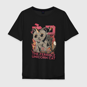 Мужская футболка хлопок Oversize с принтом Unicorn cat japanese в Санкт-Петербурге, 100% хлопок | свободный крой, круглый ворот, “спинка” длиннее передней части | Тематика изображения на принте: cat | japan | japan style | japanese | japanese style | monster | unicorn | unicorn cat | единорог | кот | кот единорог | монстр | тренд | тренды | япония | японский стиль