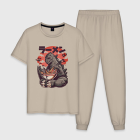 Мужская пижама хлопок с принтом Godzilla and Udon в Санкт-Петербурге, 100% хлопок | брюки и футболка прямого кроя, без карманов, на брюках мягкая резинка на поясе и по низу штанин
 | godzilla | japan | japan style | japanese | japanese style | monster | годзилла | монстр | тренд | тренды | япония | японский стиль