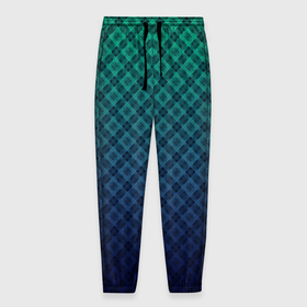 Мужские брюки 3D с принтом Клетчатый узор на сине зеленом градиентном фоне в Екатеринбурге, 100% полиэстер | манжеты по низу, эластичный пояс регулируется шнурком, по бокам два кармана без застежек, внутренняя часть кармана из мелкой сетки | blue | checkered | gradient | gradient pattern | green | градиент | зеленый | клетка | клетчатый градиент | косая клетка | синий