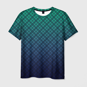Мужская футболка 3D с принтом Клетчатый узор на сине зеленом градиентном фоне в Белгороде, 100% полиэфир | прямой крой, круглый вырез горловины, длина до линии бедер | blue | checkered | gradient | gradient pattern | green | градиент | зеленый | клетка | клетчатый градиент | косая клетка | синий