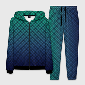 Мужской костюм 3D с принтом Клетчатый узор на сине зеленом градиентном фоне в Белгороде, 100% полиэстер | Манжеты и пояс оформлены тканевой резинкой, двухслойный капюшон со шнурком для регулировки, карманы спереди | blue | checkered | gradient | gradient pattern | green | градиент | зеленый | клетка | клетчатый градиент | косая клетка | синий