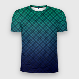Мужская футболка 3D Slim с принтом Клетчатый узор на сине зеленом градиентном фоне в Белгороде, 100% полиэстер с улучшенными характеристиками | приталенный силуэт, круглая горловина, широкие плечи, сужается к линии бедра | blue | checkered | gradient | gradient pattern | green | градиент | зеленый | клетка | клетчатый градиент | косая клетка | синий