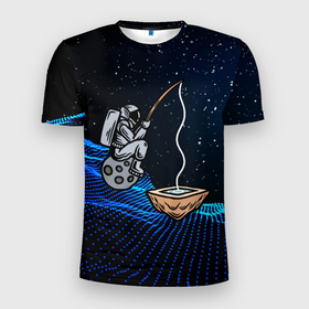 Мужская футболка 3D Slim с принтом Космонавт    рыбак в Кировске, 100% полиэстер с улучшенными характеристиками | приталенный силуэт, круглая горловина, широкие плечи, сужается к линии бедра | космонавт | космос | рыба | рыбак | рыбалка