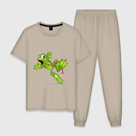 Мужская пижама хлопок с принтом FROG WITH A LONG TONGUE , 100% хлопок | брюки и футболка прямого кроя, без карманов, на брюках мягкая резинка на поясе и по низу штанин
 | Тематика изображения на принте: амфибия | жаба | животное | забавный | зеленый | милая | очаровательные