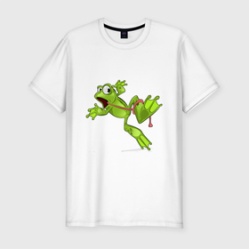 Мужская футболка хлопок Slim с принтом FROG WITH A LONG TONGUE в Кировске, 92% хлопок, 8% лайкра | приталенный силуэт, круглый вырез ворота, длина до линии бедра, короткий рукав | амфибия | жаба | животное | забавный | зеленый | милая | очаровательные