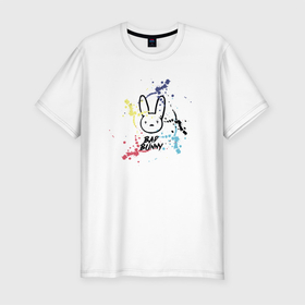 Мужская футболка хлопок Slim с принтом Bad Bunny Color в Курске, 92% хлопок, 8% лайкра | приталенный силуэт, круглый вырез ворота, длина до линии бедра, короткий рукав | bad bunny | бед банни | брызги красок | латинский рэпер | рэпер банни
