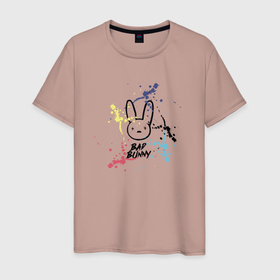Мужская футболка хлопок с принтом Bad Bunny Color в Петрозаводске, 100% хлопок | прямой крой, круглый вырез горловины, длина до линии бедер, слегка спущенное плечо. | bad bunny | бед банни | брызги красок | латинский рэпер | рэпер банни