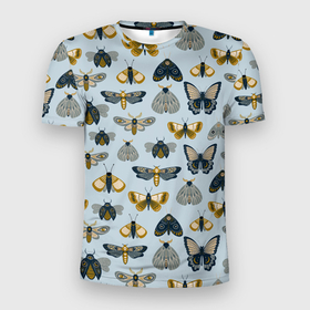 Мужская футболка 3D Slim с принтом Мистические бабочки мотыльки на голубом фоне в Санкт-Петербурге, 100% полиэстер с улучшенными характеристиками | приталенный силуэт, круглая горловина, широкие плечи, сужается к линии бедра | бабочки | мистика | мистические мотыльки | мистический | мистический бабочки | мотыльки | эзотерика | эзотерический