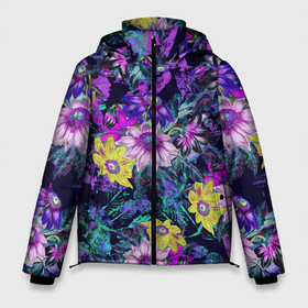 Мужская зимняя куртка 3D с принтом Цветы Жёлто Фиолетовые , верх — 100% полиэстер; подкладка — 100% полиэстер; утеплитель — 100% полиэстер | длина ниже бедра, свободный силуэт Оверсайз. Есть воротник-стойка, отстегивающийся капюшон и ветрозащитная планка. 

Боковые карманы с листочкой на кнопках и внутренний карман на молнии. | flowers | purple | summer | yellow | букет | жёлтый | лето | природа | растение | фиолетовый | флора | цветы