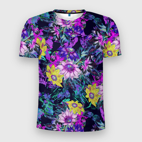Мужская футболка 3D Slim с принтом Цветы Жёлто Фиолетовые , 100% полиэстер с улучшенными характеристиками | приталенный силуэт, круглая горловина, широкие плечи, сужается к линии бедра | flowers | purple | summer | yellow | букет | жёлтый | лето | природа | растение | фиолетовый | флора | цветы