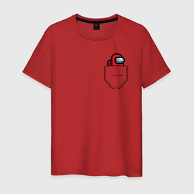 Мужская футболка хлопок с принтом Among us in the pocket (Red) в Санкт-Петербурге, 100% хлопок | прямой крой, круглый вырез горловины, длина до линии бедер, слегка спущенное плечо. | amogus | among us | game | imposter | аманг ас | амогусик | игра | самозванец | среди нас