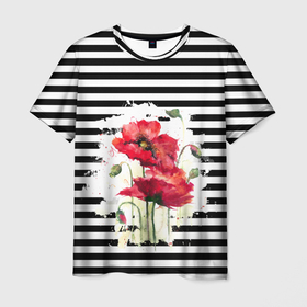 Мужская футболка 3D с принтом Red poppies Акварельные цветы в Белгороде, 100% полиэфир | прямой крой, круглый вырез горловины, длина до линии бедер | poppies | red poppies | watercolor | акварель | красные маки | маки | полосатый | черно белые полосы