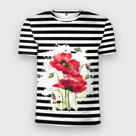 Мужская футболка 3D Slim с принтом Red poppies Акварельные цветы в Кировске, 100% полиэстер с улучшенными характеристиками | приталенный силуэт, круглая горловина, широкие плечи, сужается к линии бедра | Тематика изображения на принте: poppies | red poppies | watercolor | акварель | красные маки | маки | полосатый | черно белые полосы